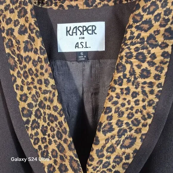 Kasper for A.S.L. Women's Brown Double Breasted Blazer Leopard Trim Size 6 - Picture 4 of 10